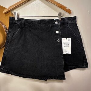 Black Denim Skort with Button Detail